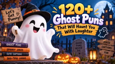 Cute ghost illustration with Halloween scenery and text about 120+ funny ghost puns