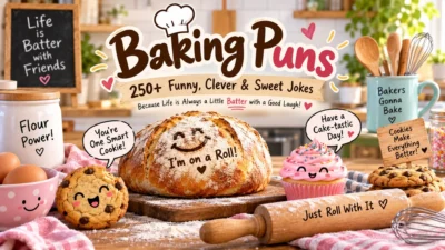Baking puns with funny bread, cookies, cupcakes, and playful baking quotes in a cozy kitchen