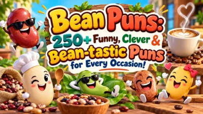 Bean puns featuring funny, colorful cartoon beans, coffee, and 250+ clever jokes for every occasion.