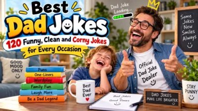 Dad and son laughing together with best dad jokes and funny corny joke text in a colorful living room