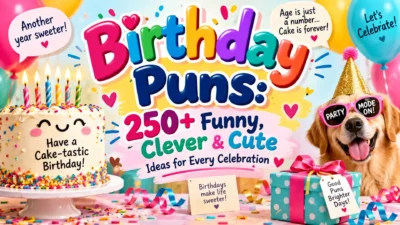 Birthday puns graphic with colorful cake, balloons, gifts, and funny celebration ideas