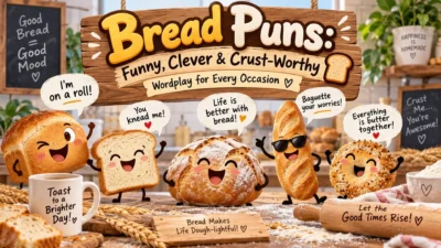 Funny bread puns with cartoon bread characters and playful bakery wordplay