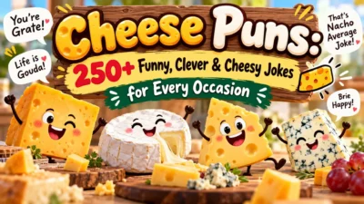 Cheese puns featuring 250+ funny, clever, and cheesy jokes with smiling cartoon cheese characters.