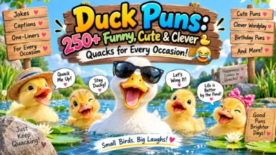Duck puns with cute ducklings, funny quack captions, and cheerful pond scene