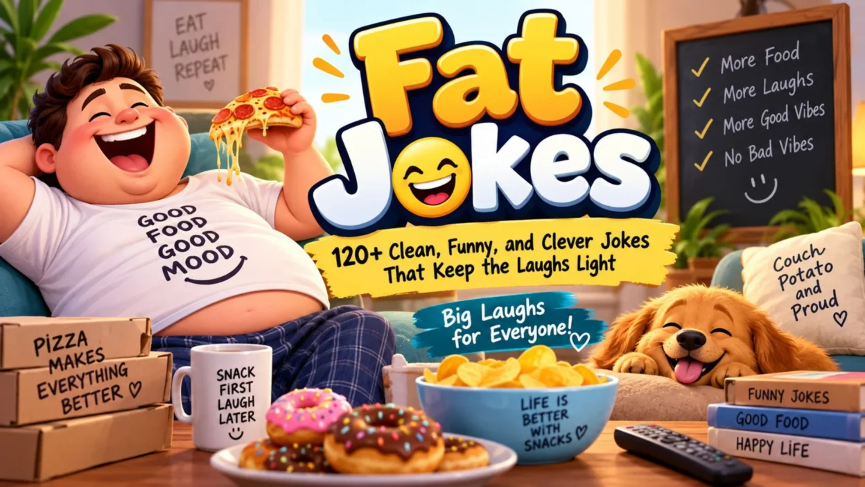 Funny Fat Jokes banner with pizza, snacks, laughing man, happy dog, and clean family-friendly humor
