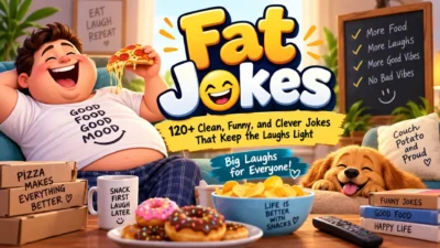 Funny Fat Jokes banner with pizza, snacks, laughing man, happy dog, and clean family-friendly humor