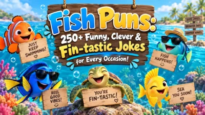 Funny fish puns with colorful cartoon fish and underwater ocean scene