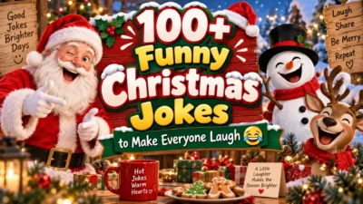 Funny Christmas jokes illustration featuring Santa, a snowman, and a reindeer laughing in a festive winter scene