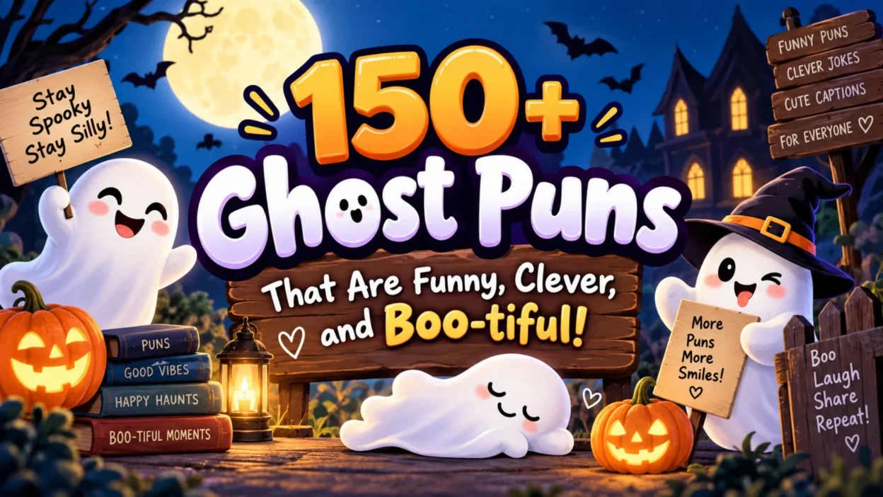 Cute cartoon ghosts with funny ghost puns, pumpkins, and spooky Halloween decorations