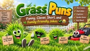 Funny grass puns with cheerful cartoon grass characters and a lawn mower in a sunny garden