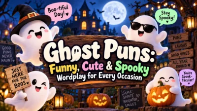 Ghost puns graphic with cute ghosts, pumpkins, moonlit haunted house, and funny spooky wordplay