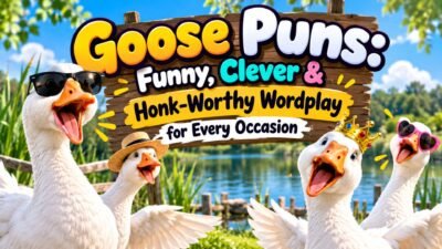 Funny goose puns with playful geese by a sunny pond and colorful honk-worthy wordplay