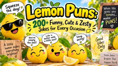 Lemon puns with funny, cute, and zesty jokes surrounded by cheerful lemons and lemonade