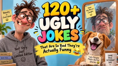 Funny ugly jokes banner featuring a goofy man, laughing dog, mirror, and colorful joke-themed text