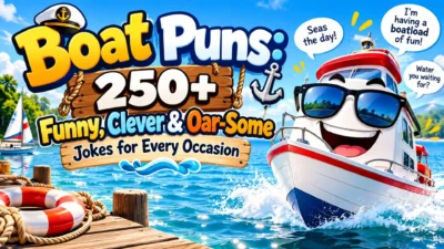 Colorful boat puns banner with a smiling boat, lake scene, and funny nautical jokes