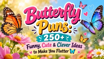 Butterfly puns with colorful butterflies, flowers, and funny, cute, clever ideas