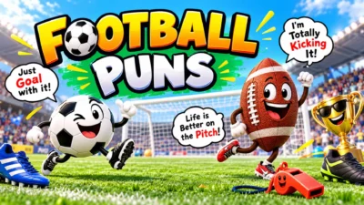 Funny football puns banner with cartoon soccer and football characters, trophy, cleats, and playful speech bubbles