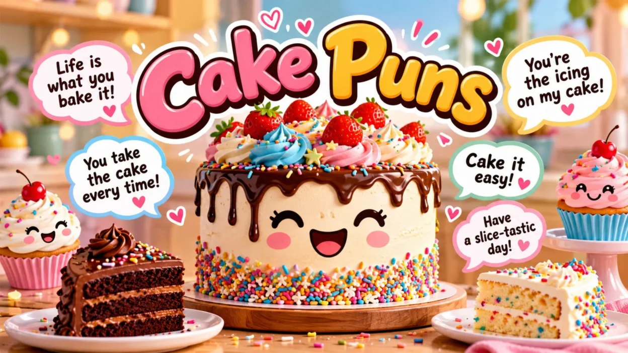 : Colorful cake with cute frosting, cupcakes, and funny cake puns for dessert lovers
