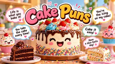 : Colorful cake with cute frosting, cupcakes, and funny cake puns for dessert lovers