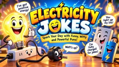 Funny electricity jokes with smiling light bulb, battery, plug, and outlet characters in a colorful cartoon design