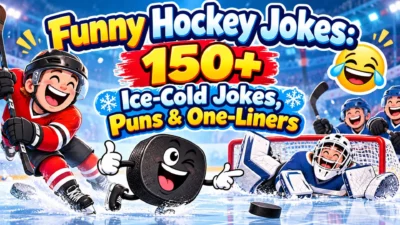 Funny hockey jokes with cartoon players, goalie, puck, and ice-cold puns on a colorful rink
