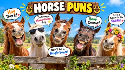 Funny horse puns with five smiling horses, colorful speech bubbles, and playful horse-themed jokes
