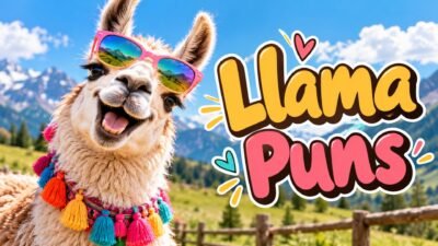 Funny llama puns featured image with a fluffy llama wearing pink sunglasses in a mountain meadow.