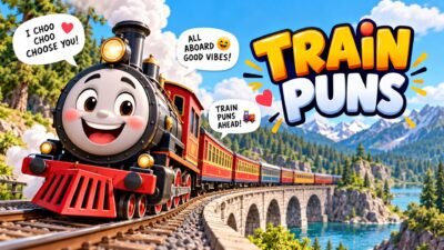 Funny train puns featuring a smiling cartoon steam train crossing a scenic bridge.