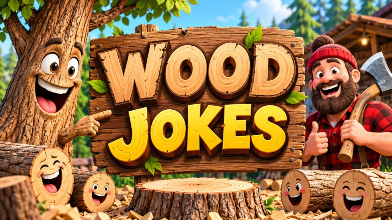 Funny wood jokes featured image with smiling cartoon trees, laughing logs, and a cheerful lumberjack