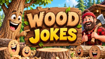 Funny wood jokes featured image with smiling cartoon trees, laughing logs, and a cheerful lumberjack
