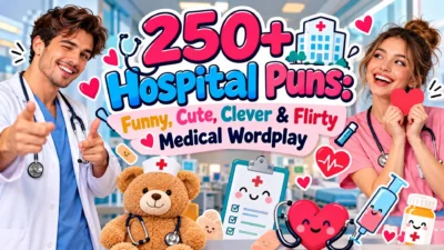 250+ hospital puns featuring a smiling doctor, cheerful nurse, and cute medical illustrations